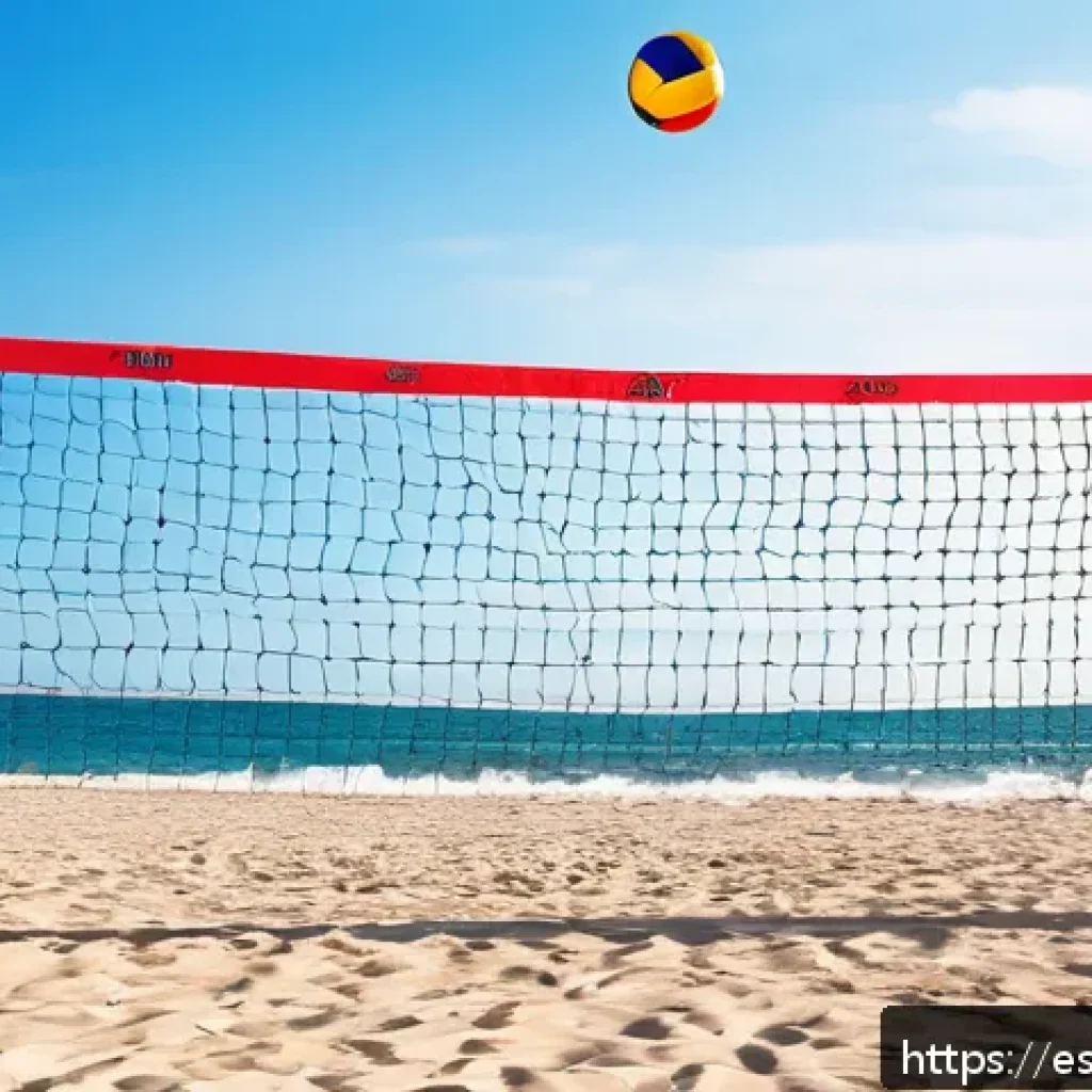 배구 네트 브랜드 비교 - A high-quality outdoor volleyball net setup on a sunny Spanish beach, featuring braided nylon with r...