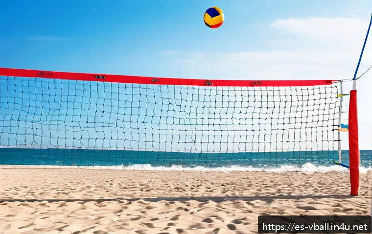배구 네트 브랜드 비교 - A high-quality outdoor volleyball net setup on a sunny Spanish beach, featuring braided nylon with r...