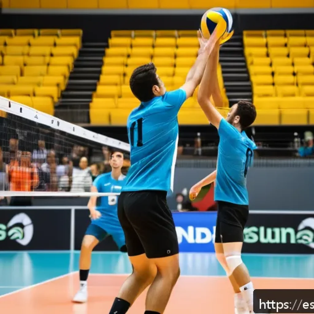 배구 국제 규격 업데이트 - A dynamic volleyball match scene featuring two professional male players in modern, lightweight, bre...
