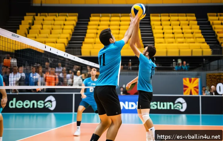 배구 국제 규격 업데이트 - A dynamic volleyball match scene featuring two professional male players in modern, lightweight, bre...