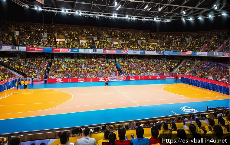 배구 경기장에서 팬과의 교류 - A vibrant indoor volleyball arena in Spain during a lively match, showcasing close interaction betwe...