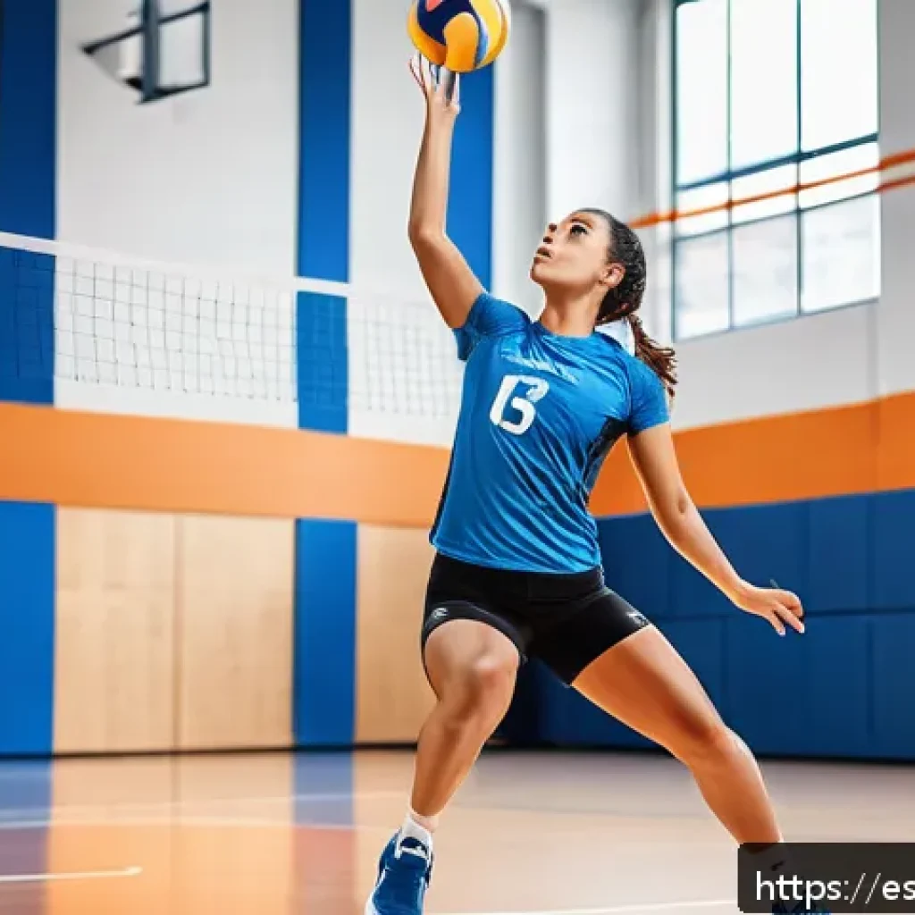 배구 경기를 위한 장비 - A dynamic volleyball player in mid-air performing a powerful spike on an indoor court with polished ...