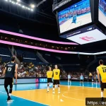 배구 대회의 역사적 순간 - A dynamic indoor volleyball scene showcasing modern technology in use: players wearing advanced voll...