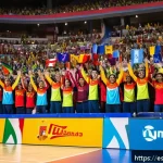 배구 경기 관람 팁 - A vibrant volleyball stadium scene with enthusiastic Spanish-speaking fans cheering in colorful team...