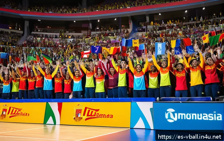 배구 경기 관람 팁 - A vibrant volleyball stadium scene with enthusiastic Spanish-speaking fans cheering in colorful team...