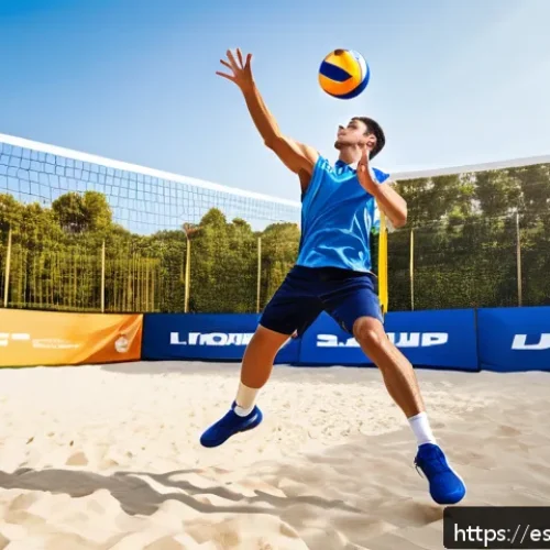 배구 경기에서의 효과적인 서브 - A detailed and dynamic scene of a male volleyball player performing a powerful jump serve on an outd...