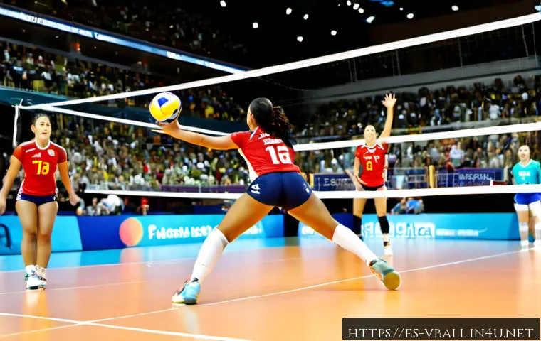 배구 경기에서의 중요한 순간 - Photorealistic indoor volleyball match at the decisive final point, athletic female player in a mode...