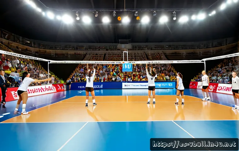 배구 경기에서 승리 전략 - Photorealistic indoor volleyball match in a modern Spanish sports hall, wide sideline view of a focu...