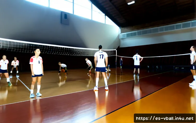 Home 15 배구 경기 전 워밍업 - Photorealistic indoor volleyball pre-match warm-up in a modern Spanish sports hall, diverse adult pl...