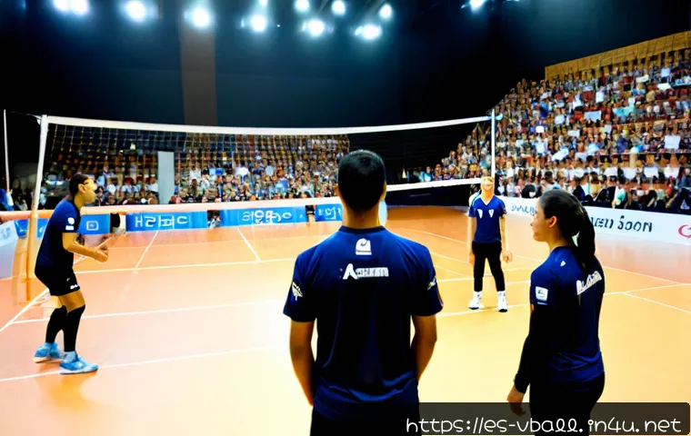 배구 경기에서의 포지션 전환 - Photorealistic indoor volleyball match in a modern Spanish sports hall, six adult players in coordin...