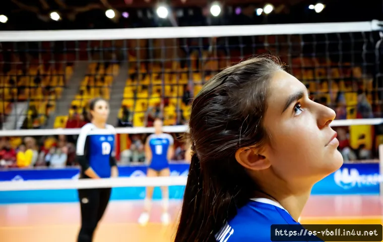배구 경기와 심리적 압박 - Photorealistic indoor volleyball match in Spain, focused on a young adult female player at the servi...
