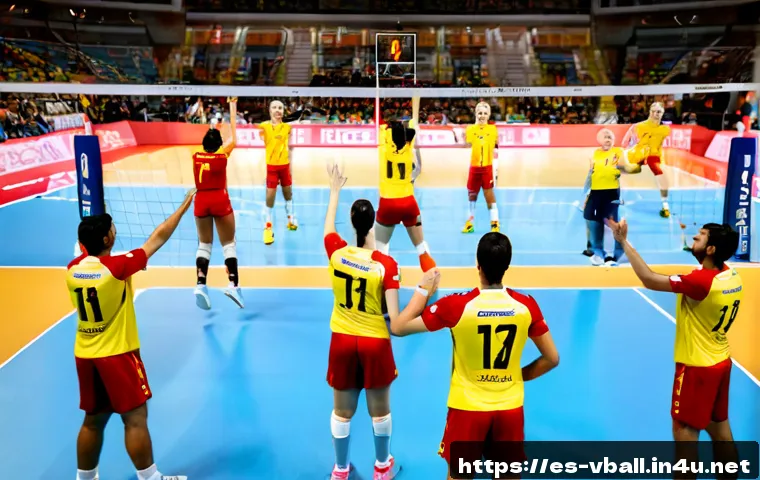배구 경기 전략의 변화 - Photorealistic indoor volleyball match in a modern Spanish sports arena, strategic defensive formati...