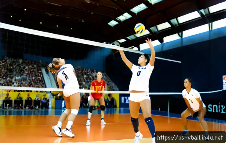 배구 경기에서의 주요 포지션 - Photorealistic indoor volleyball match in a modern Spanish sports hall, a focused female setter in t...