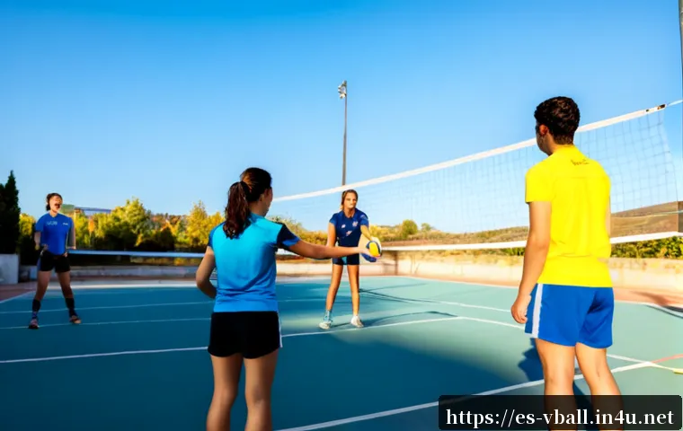 배구 입문 가이드 - Photorealistic beginner volleyball practice on a sunny outdoor community court in Spain, a diverse g...